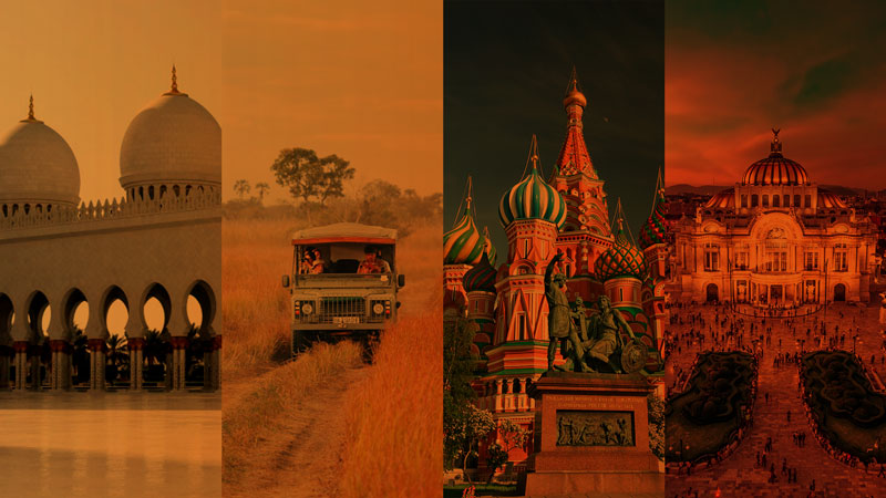Collage of international locations with orange overlay.