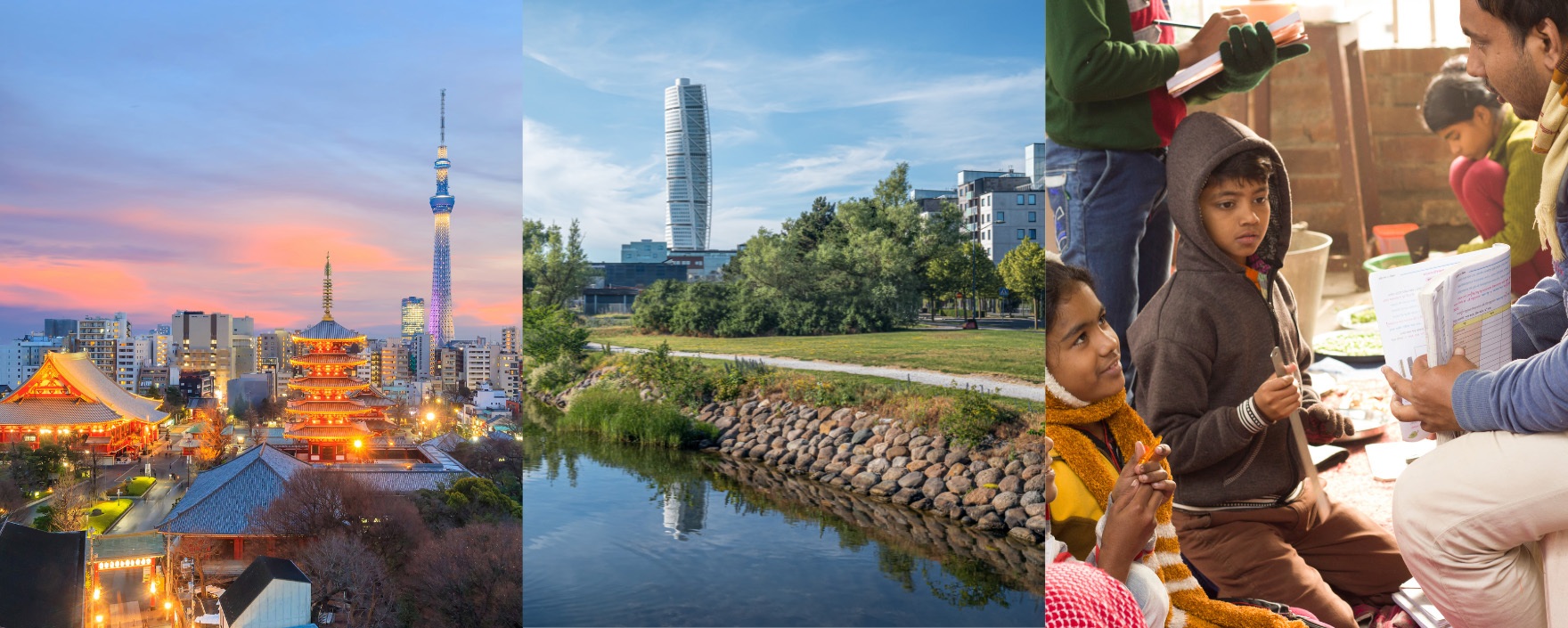 Three images of landscape in japan, sweden, and a person reading a book to children in india